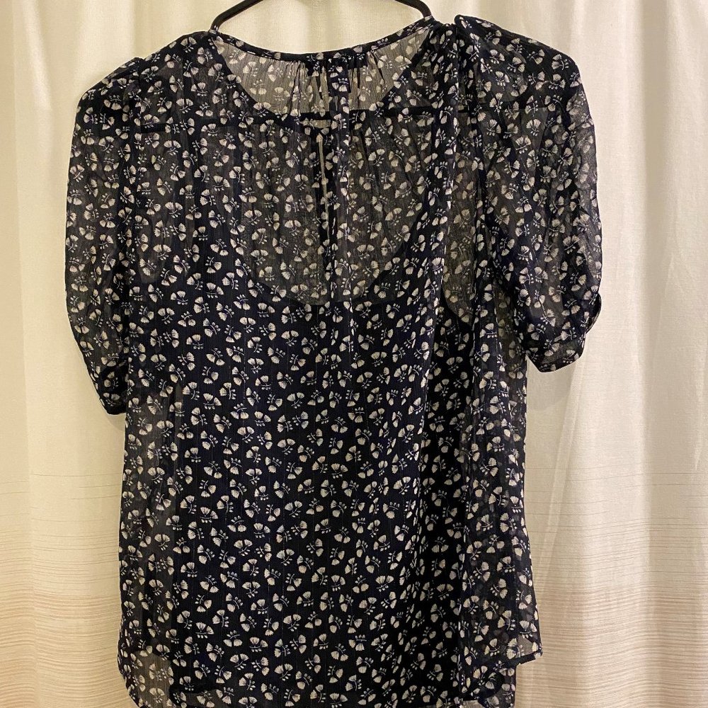 J. Crew sheer navy blue top with white floral design with navy blue cami. XS